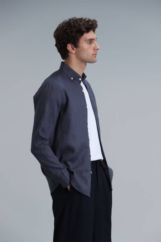 Mens Linen Shirt Comfort Fit Anthracıte - 5