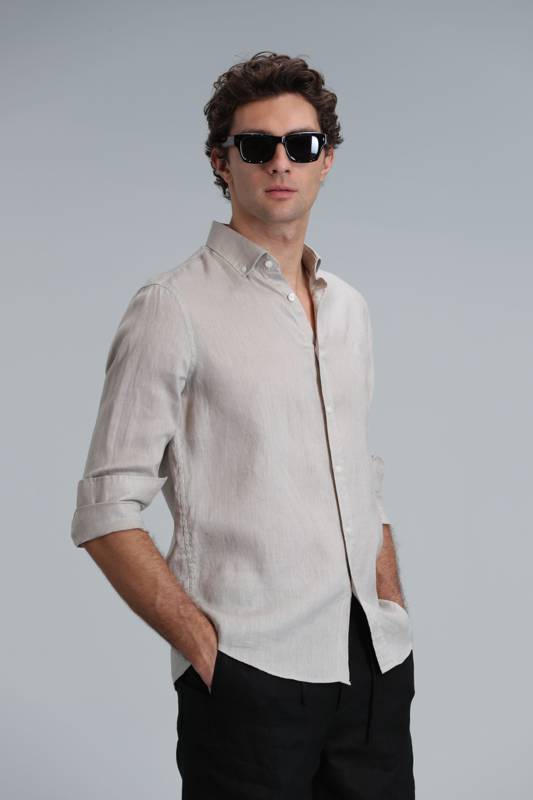 Mens Linen Shirt Comfort Fit Beıge - 1