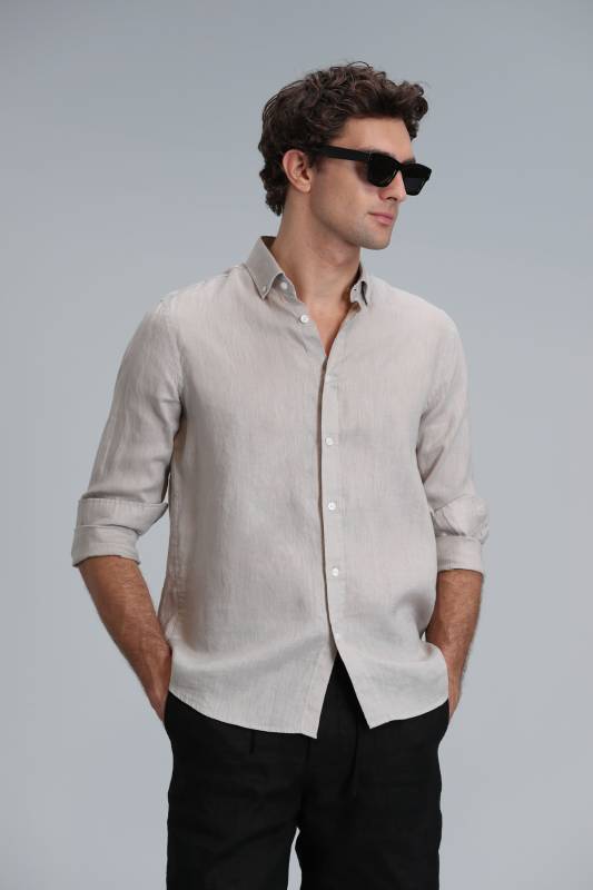 Mens Linen Shirt Comfort Fit Beıge - 3