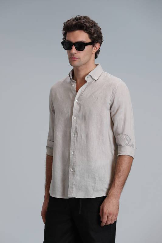 Mens Linen Shirt Comfort Fit Beıge - 5