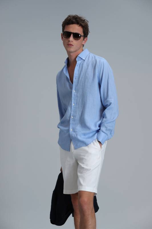 Mens Linen Shirt Comfort Fit Blue - 3