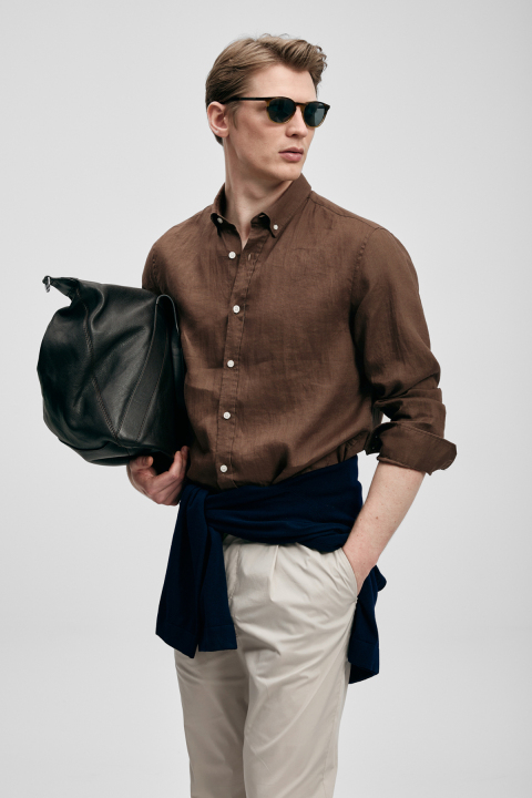 Mens Linen Shirt Comfort Fit Dark Brown - Lufian (1)