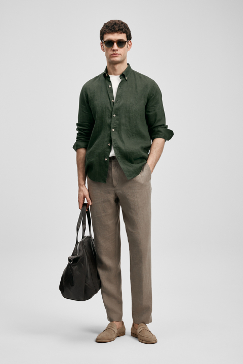 Mens Linen Shirt Comfort Fit Dark Green - Lufian