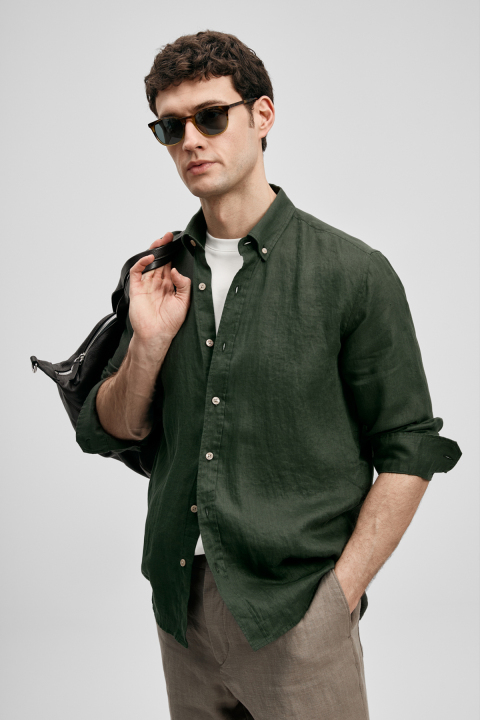 Mens Linen Shirt Comfort Fit Dark Green - Lufian (1)