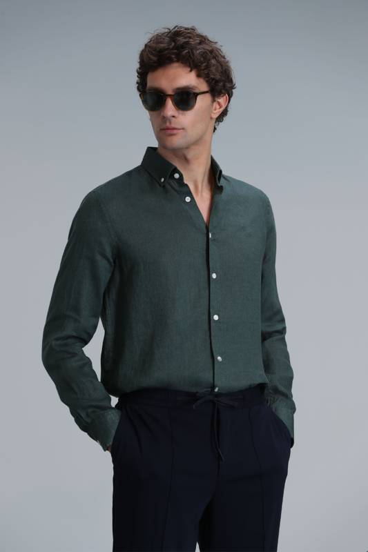 Mens Linen Shirt Comfort Fit Green - 1