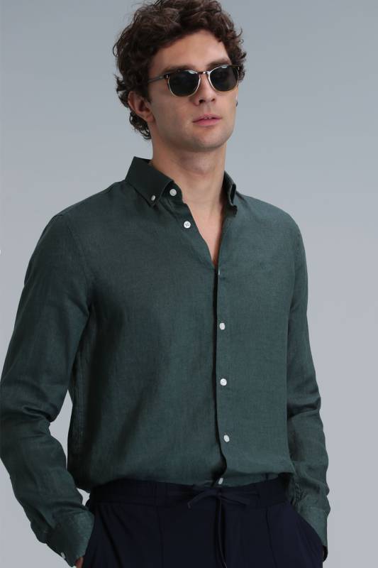 Mens Linen Shirt Comfort Fit Green - 5