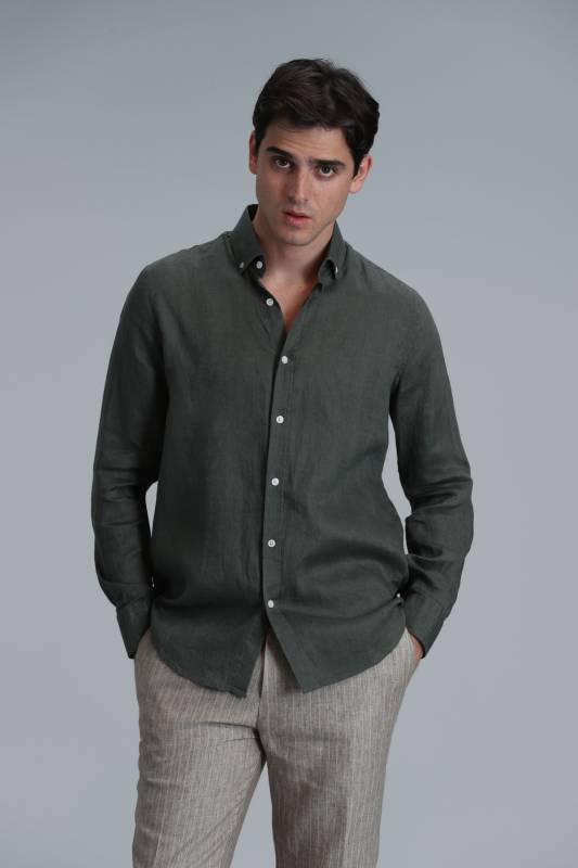 Mens Linen Shirt Comfort Fit Khakı - 3