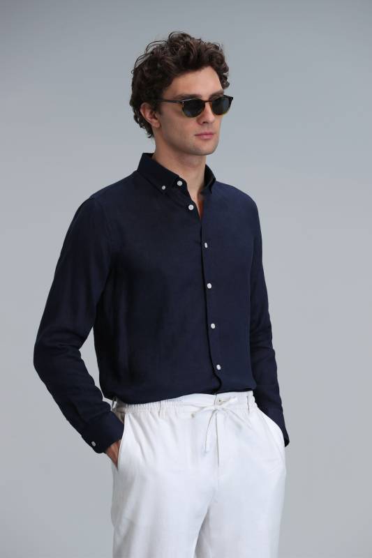 Mens Linen Shirt Comfort Fit Navy - 3