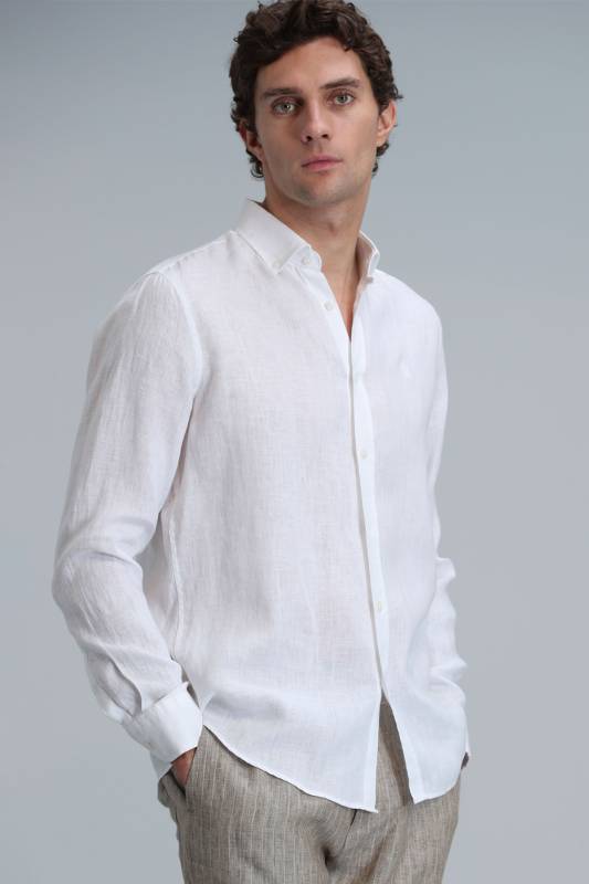 Mens Linen Shirt Comfort Fit Whıte - 5