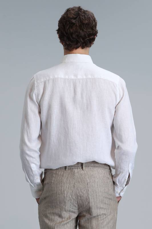 Mens Linen Shirt Comfort Fit Whıte - 6