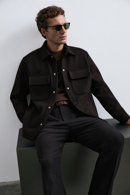 Men's Wool Blended Shırt Jacket Regular Fıt Brown