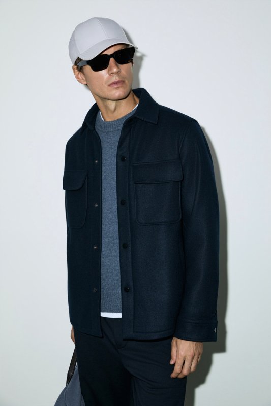 Men's Wool Blended Shırt Jacket Regular Fıt Navy