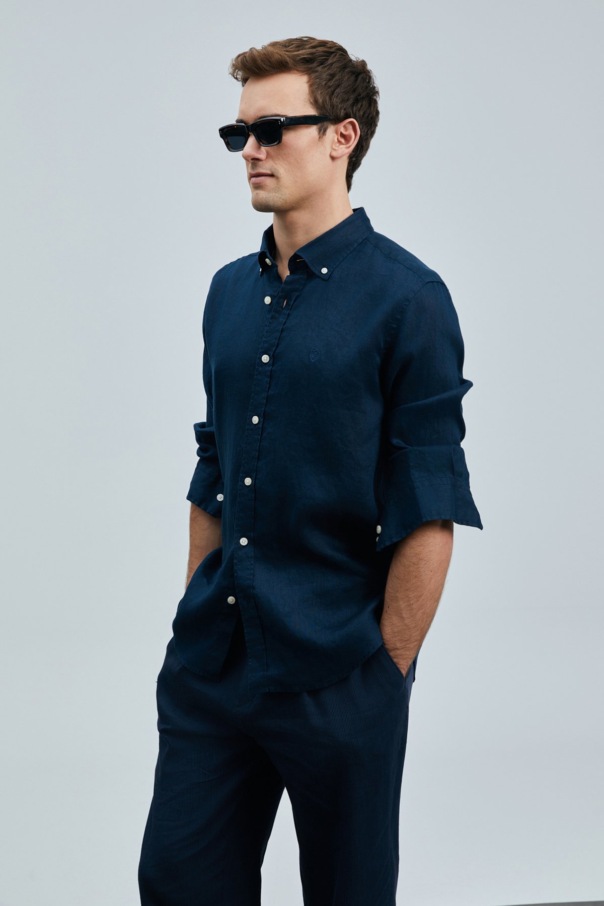 Pitaya Men's Linen Shirt Comfort Fit Navy Blue - LUFIAN
