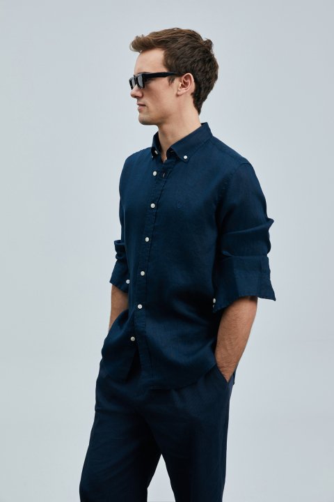 Pitaya Mens Linen Shirt Comfort Fit Navy - Lufian (1)