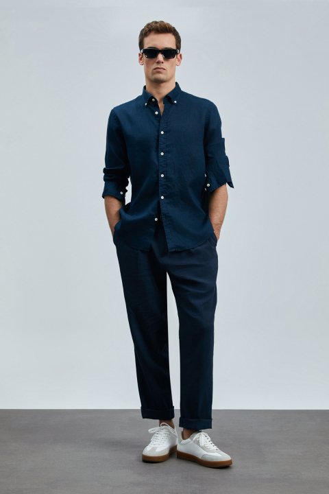 Pitaya Mens Linen Shirt Comfort Fit Navy - Lufian