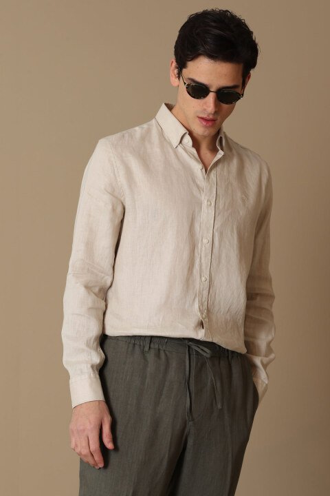 Pitaya Mens Linen Shirt Comfort Fit Beıge - Lufian