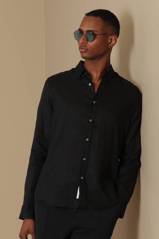 Pitaya Mens Linen Shirt Comfort Fit Black - 1