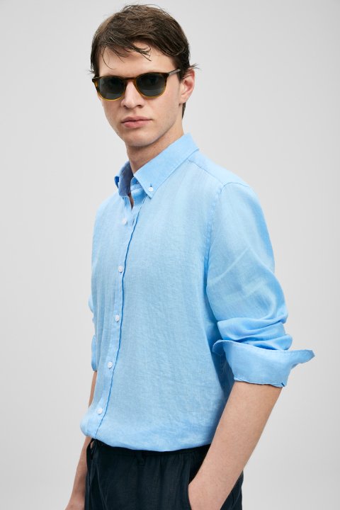 Pitaya Men's Linen Shirt Comfort Fit Blue - LUFIAN