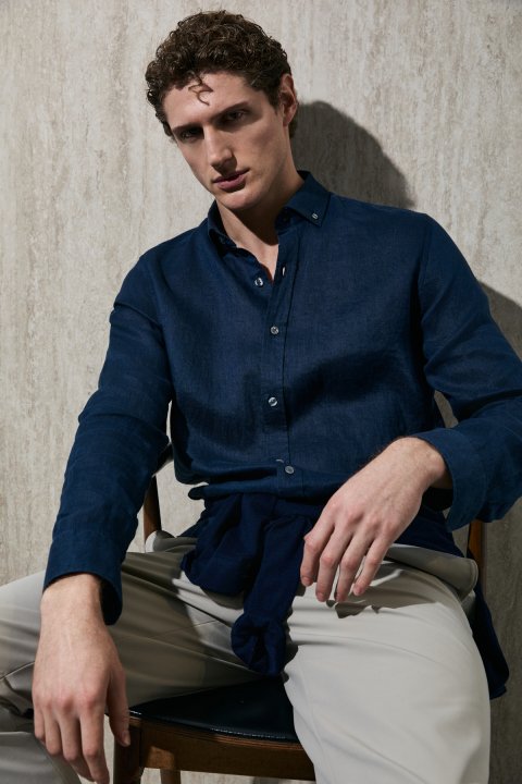 Pitaya Men's Linen Shirt Comfort Fit Navy Blue - LUFIAN