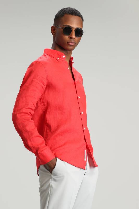 Pitaya Mens Linen Shirt Comfort Fit Coral - 3