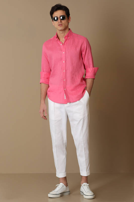 Pitaya Mens Linen Shirt Comfort Fit Pınk - 4