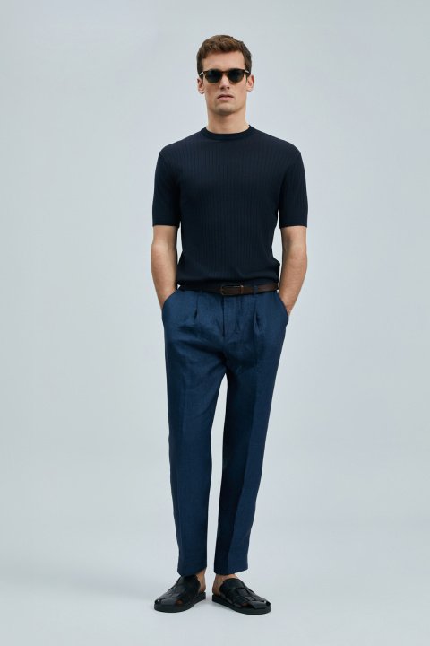 Spear Men's Cotton Sweater Dark Navy Blue - LUFIAN