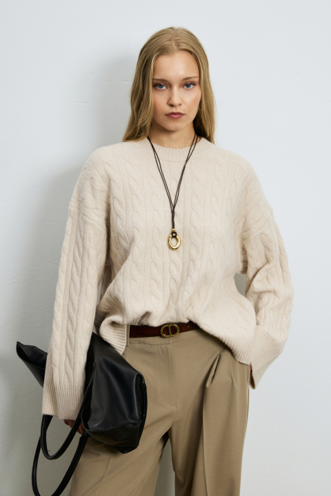 Stella Camel Hair Blend Crew Neck Knit Sweater Dark Ecru - LUFIAN