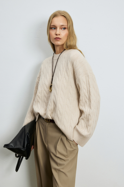 Stella Camel Hair Blend Crew Neck Knit Sweater Dark Ecru - LUFIAN