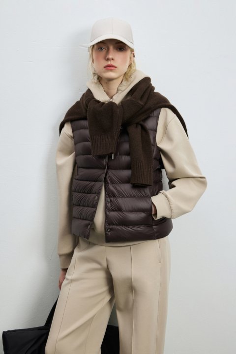 Virginia Women's Snap-Button Technical Down Puffer Vest Dark Brown - LUFIAN