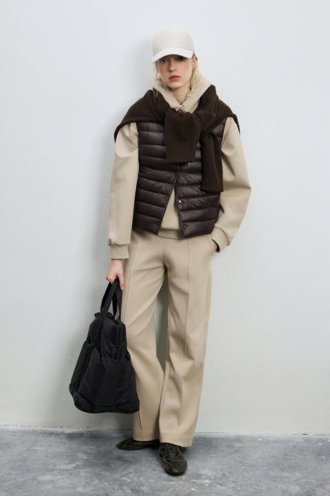 Virginia Women's Snap-Button Technical Down Puffer Vest Dark Brown - LUFIAN