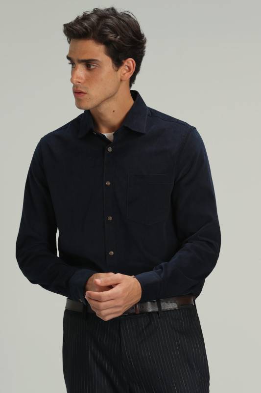 Watt Mens Velvet Sports Shirt Comfort Slım Fıt Navy - 3