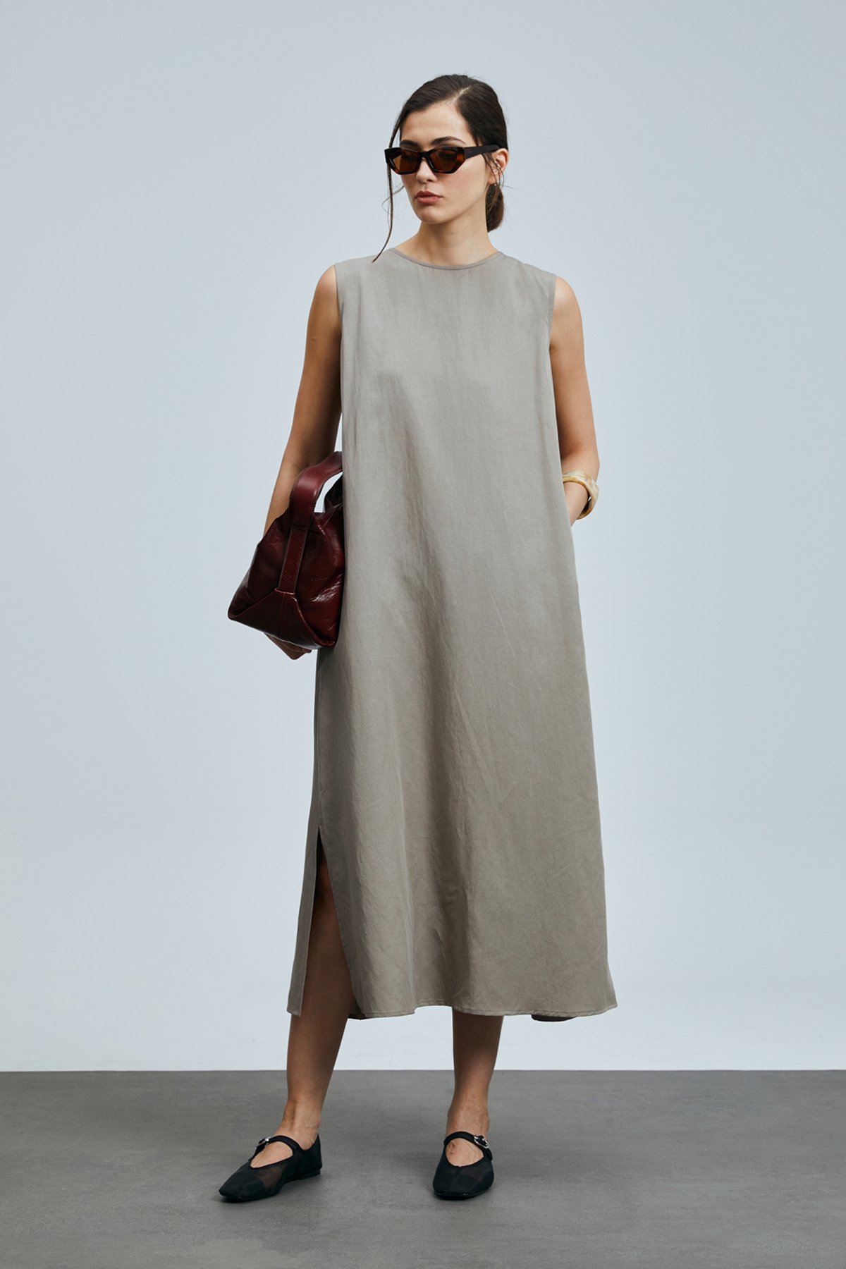 Grace Kadın Lyocell Karışımlı Keten Elbise Vizon - Lufian (1)