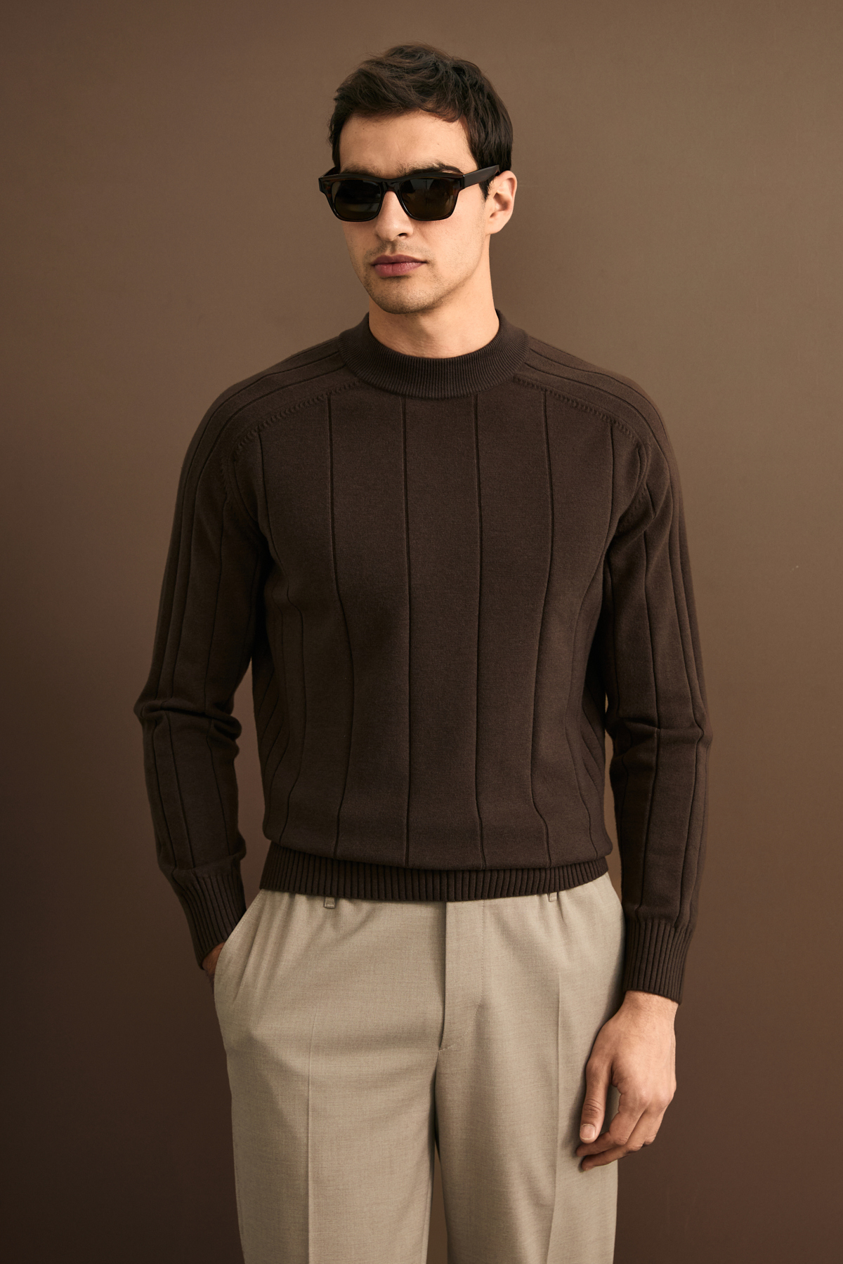 Grand Pamuk Karışımlı Bisiklet Yaka Triko Kazak Kahverengi - LUFIAN