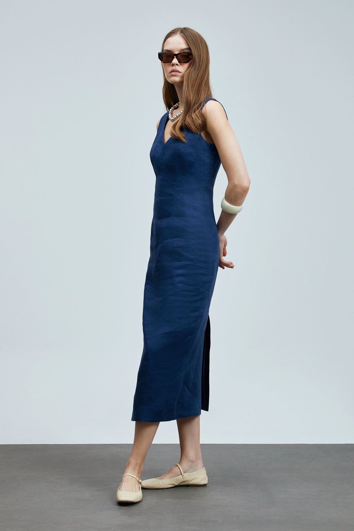 Honey Kadın Kolsuz Keten Elbise Lacivert - Lufian (1)