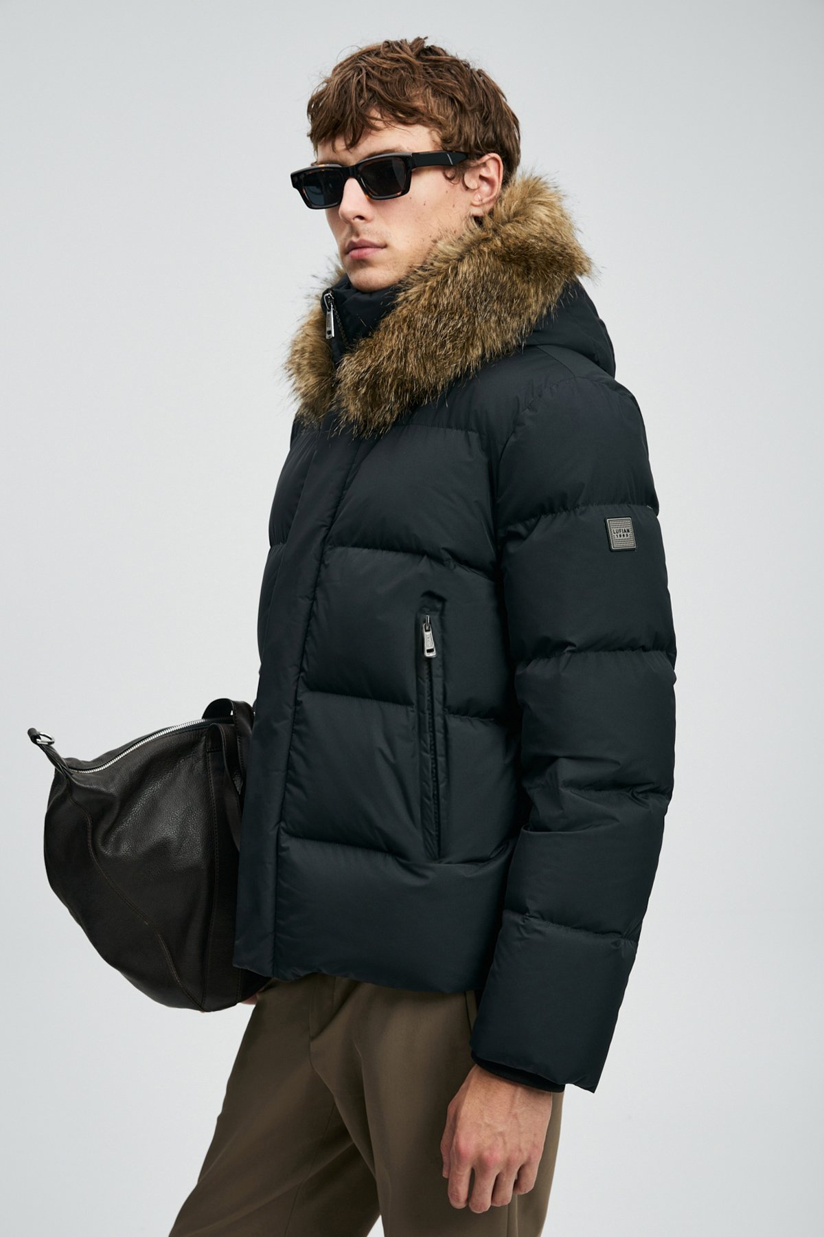 Josep Erkek Çıkarılabilir Kürklü Kapüşonlu Kaz Tüyü Şişme Mont Siyah - LUFIAN
