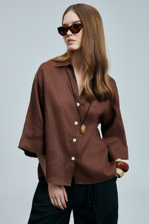 Juturna Kadın Keten Gömlek Kahverengi - Lufian