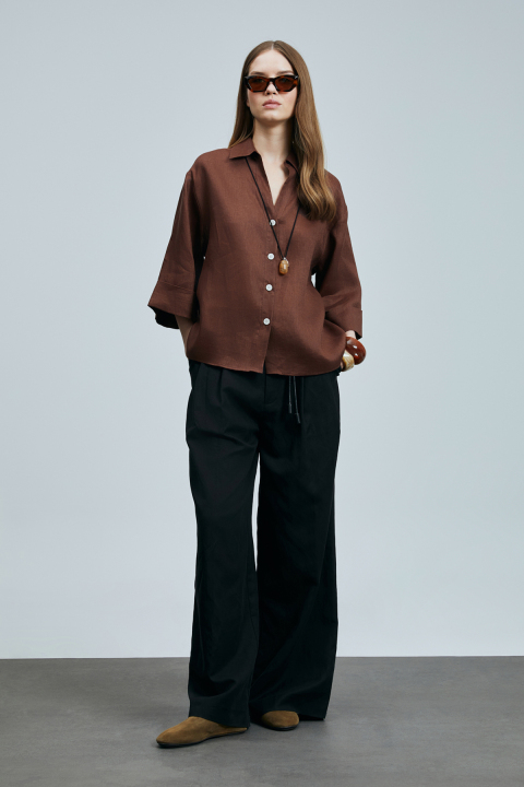 Juturna Kadın Keten Gömlek Kahverengi - Lufian (1)