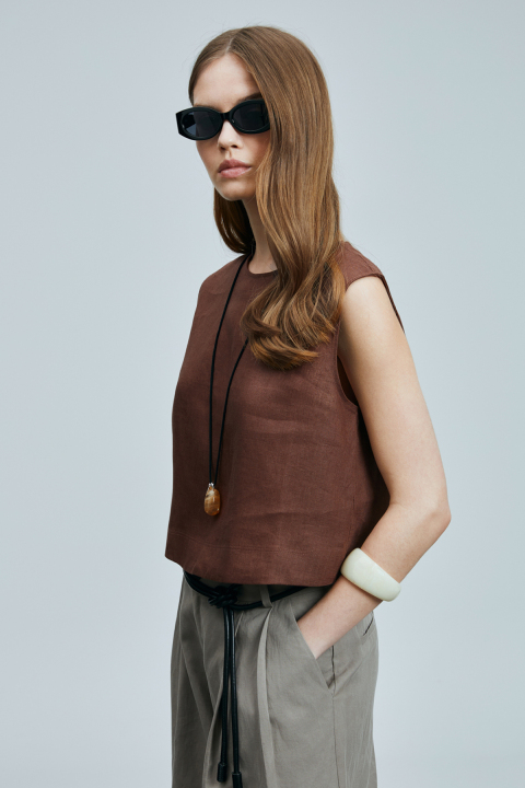 Karen Kadın Keten Bluz Kahverengi - Lufian