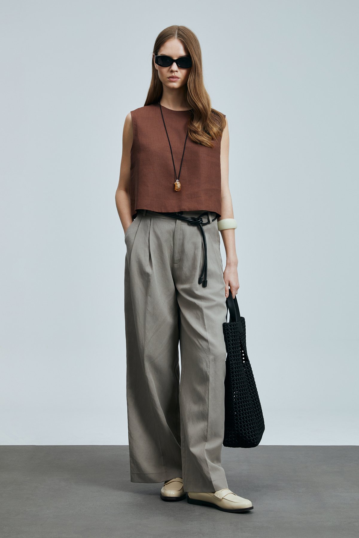 Karen Kadın Keten Bluz Kahverengi - Lufian (1)