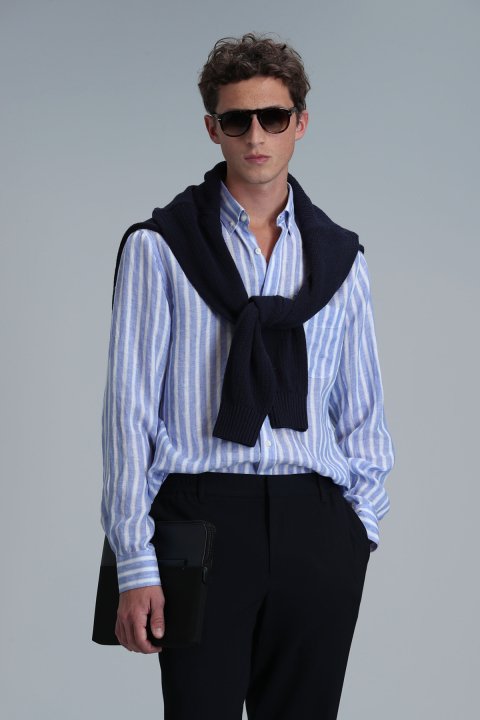 London Mens Linen Shirt Regular Fıt Blue - Lufian