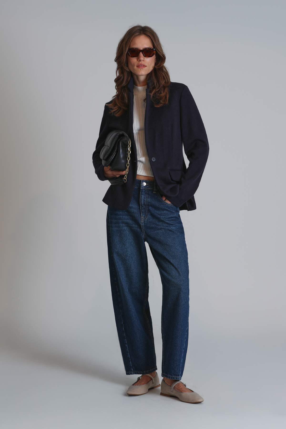 Lotus Kadın Denim Mom Fıt- Yüksek Bel Koyu Mavi - Lufian