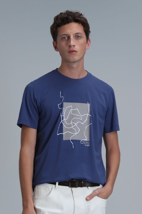 Nally Modern Grafik T- Shirt Koyu Saks - Lufian