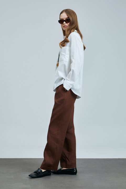 Navasa Double Pleated Linen Pants Brown - LUFIAN