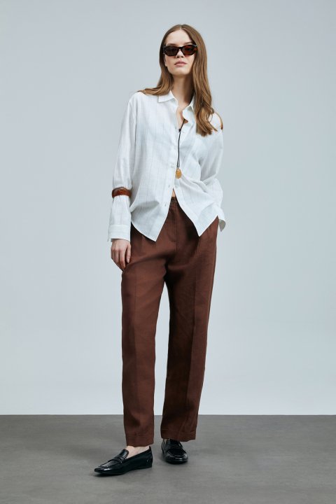 Navasa Double Pleated Linen Pants Brown - LUFIAN (1)