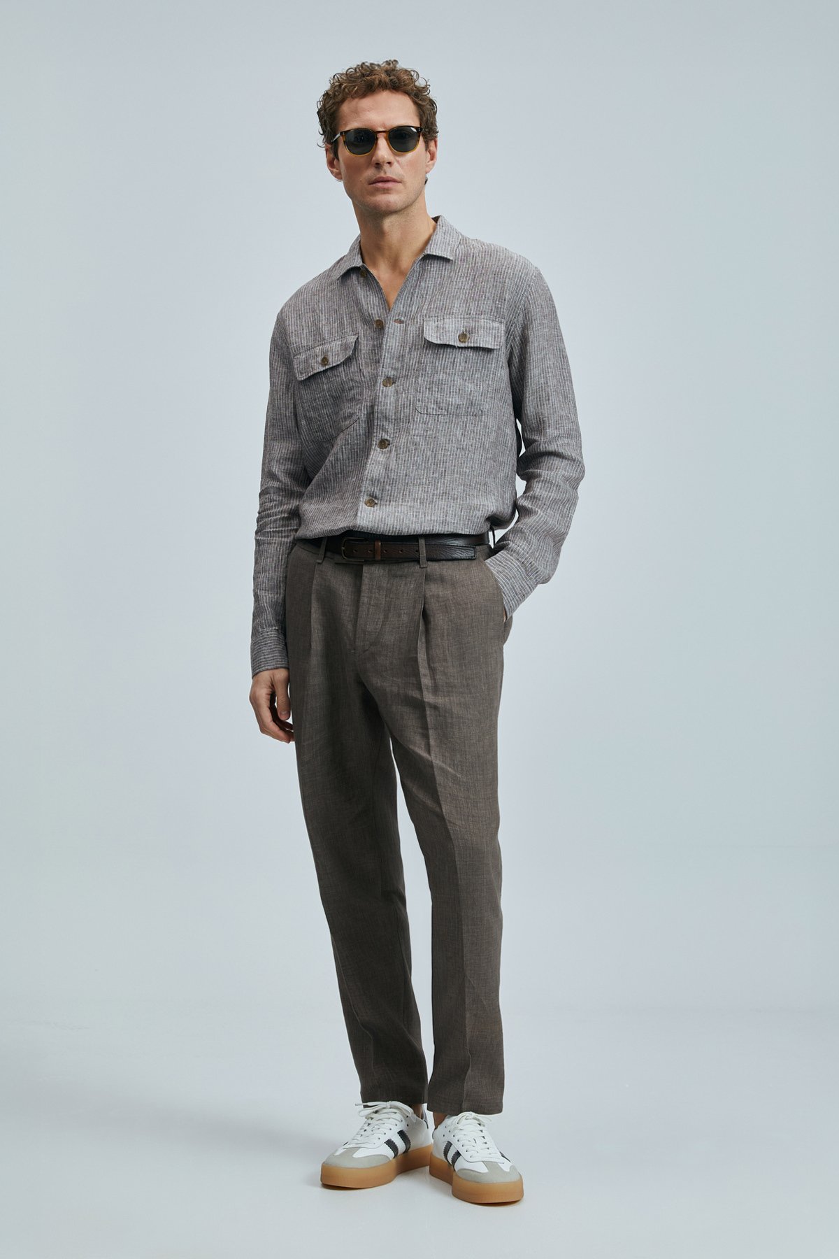 Never Erkek Keten Gömlek Regular Fit Kahverengi - Lufian