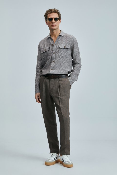 Never Erkek Keten Gömlek Regular Fit Kahverengi - Lufian