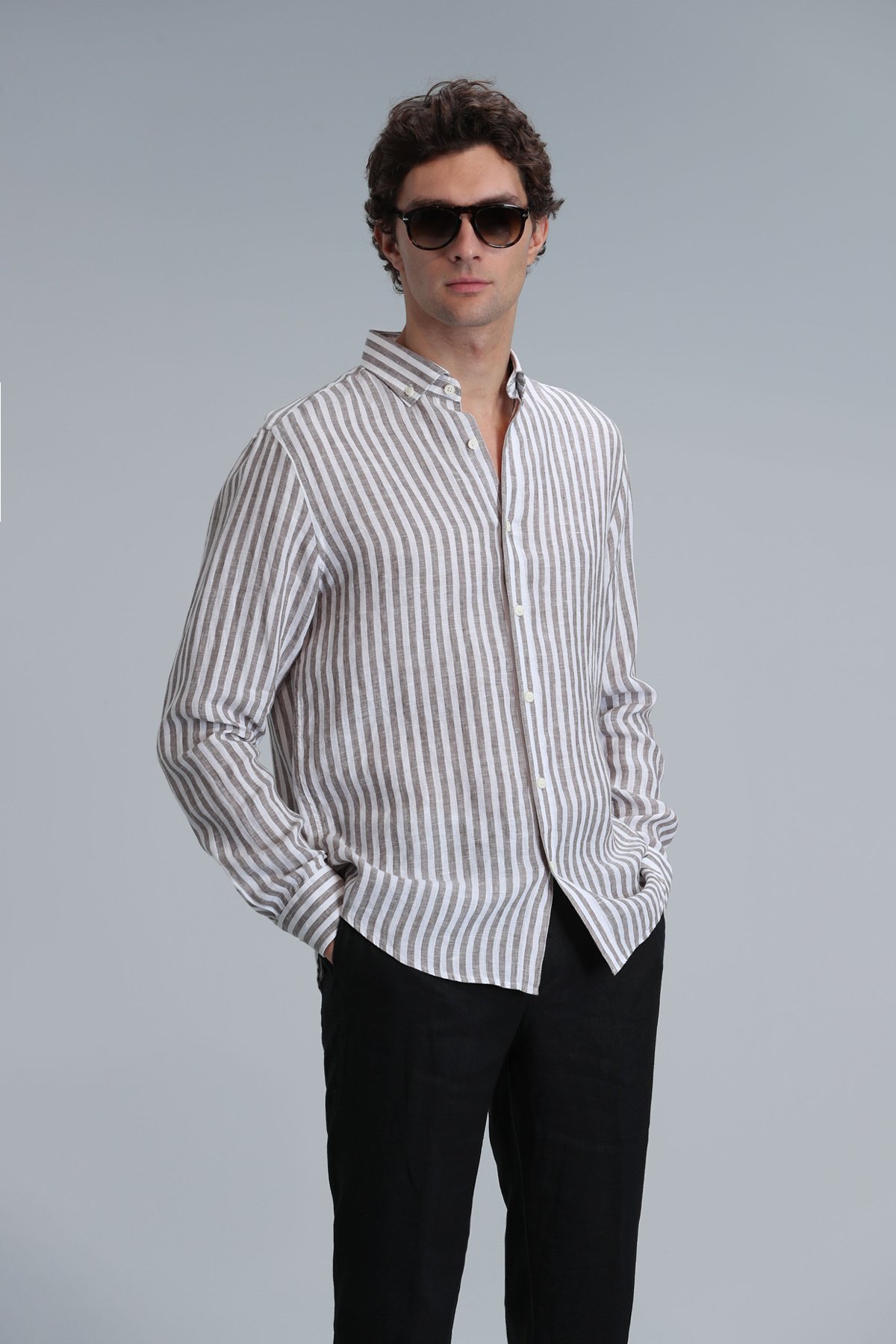 New Men Basic Shirt Regular Fıt Brown - Lufian