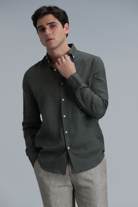 Pitaya Erkek Keten Gömlek Comfort Fit Haki - Lufian