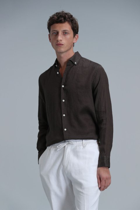 Pitaya Erkek Keten Gömlek Comfort Fit Kahverengi - Lufian