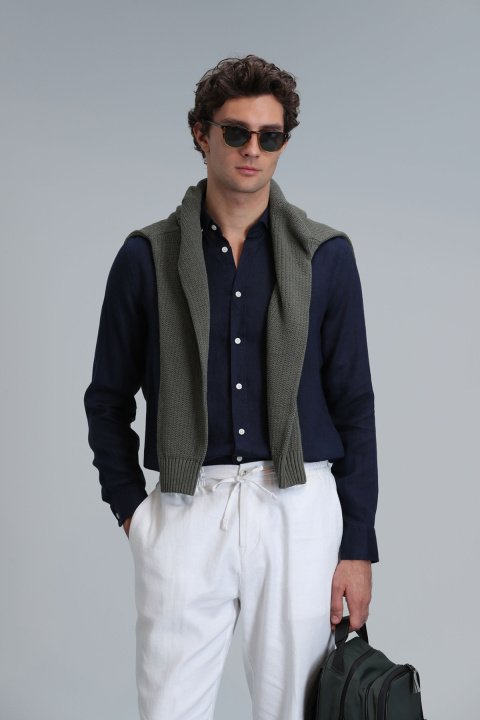 Pitaya Erkek Keten Gömlek Comfort Fit Lacivert - Lufian